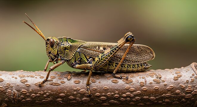Grasshopper resting on a branch, close-up view of a green insect.