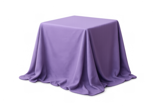Purple fabric covering a square box, an object hidden under cloth, product presentation and mystery reveal concept
