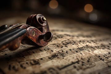 Close-up of antique sheet music with weathered paper and worn musical notations evokes a sense of timeless melodies and nostalgic musical history