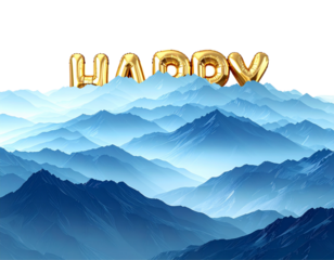 A shiny golden “HAPPY BIRTHDAY” balloon text arranged in a single straight line, reflective metallic surface with realistic lighting and soft shadows, festivisolated on transparent 