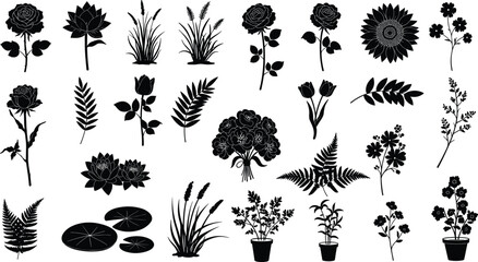 “Black plant flower silhouette vector illustration set, botanical leaves tulip rose lotus sunflower potted plants decorative design collection”