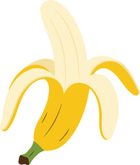 “Cartoon peeled banana fruit vector illustration, yellow tropical food icon design, healthy snack nutrition symbol isolated flat artwork collection”