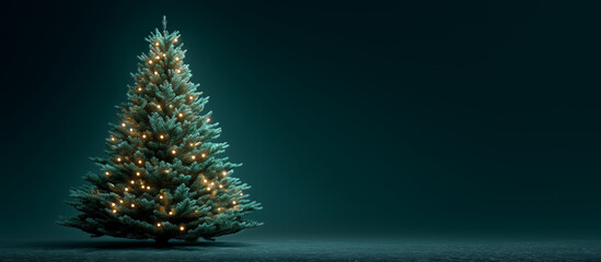 Merry Christmas card. Winter holiday festive theme. Noel. Happy New Year. Green Christmas spruce tree with lights on green blue background. Space for text.