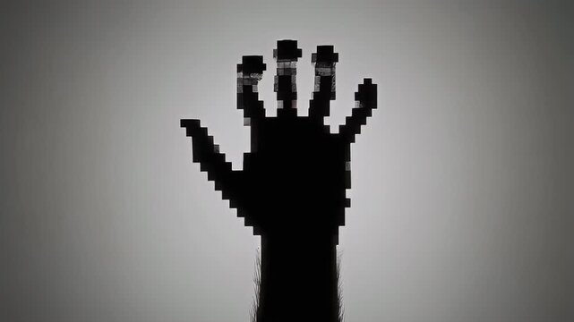 A pixelated black hand with a furry arm reaches upwards against a gradient gray background.