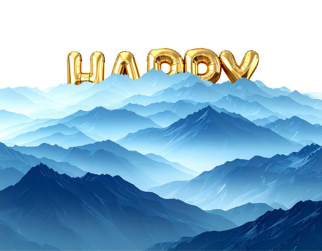 A shiny golden “HAPPY BIRTHDAY” balloon text arranged in a single straight line, reflective metallic surface with realistic lighting and soft shadows, festivisolated on transparent 