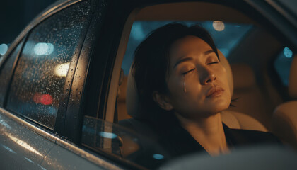 Exhausted woman in car, emotional expression, rain on window, nighttime setting