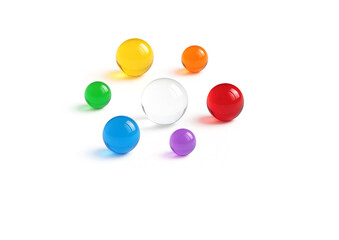 Minimalist composition featuring several glossy glass spheres  arranged on a pure white surface