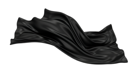 Flowing black satin fabric with soft folds and highlights, cutout, PNG isolated on white or transparent background