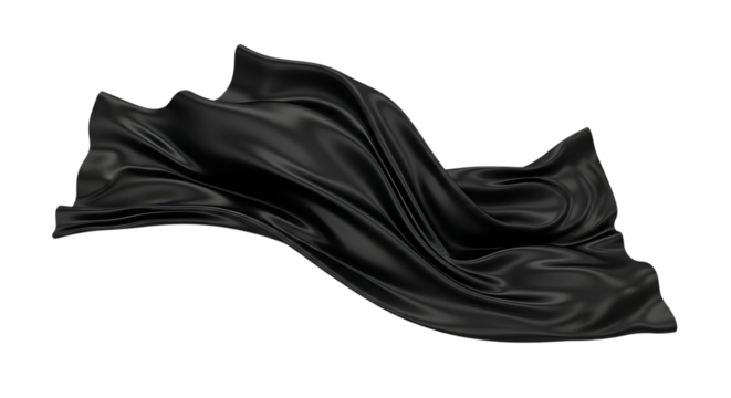 Flowing black satin fabric with soft folds and highlights, cutout, PNG isolated on white or transparent background