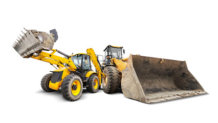 Construction equipment features a loader and a bulldozer ready for action, showcasing bright yellow paint and robust design against a clean backdrop.