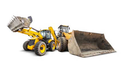 Construction equipment features a loader and a bulldozer ready for action, showcasing bright yellow paint and robust design against a clean backdrop.