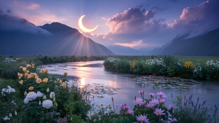 Enchanting river landscape with crescent moon and radiant sunbeams at twilight nature water