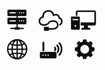 Internet and technology icons: server, cloud, computer, global, router, gear