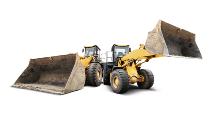 Two heavy loaders stand on an isolated background, showcasing their massive buckets and sturdy design, perfect for various construction tasks and projects.