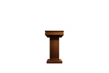 Brown wood lectern standing, offering a traditional stage for speakers delivering speeches, sermons, and political addresses