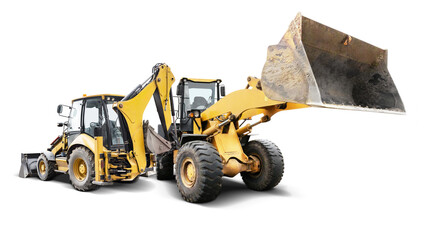 Two pieces of heavy construction machinery stand side by side against a clear backdrop, showcasing...