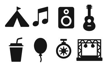 Music festival icons set: tent, note, speaker, guitar, drink, balloon, timer, stage