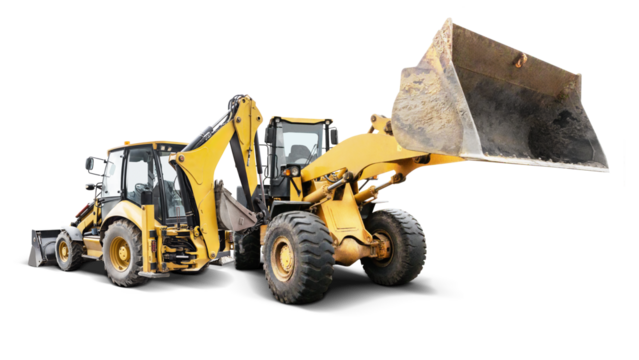 Two pieces of heavy construction machinery stand side by side against a clear backdrop, showcasing their robust designs and powerful features for design use.