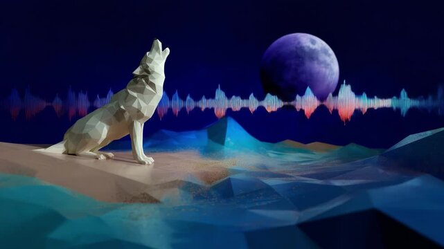 A howling wolf silhouette stands majestically against a digital landscape, where vibrant soundwaves ripple across the scene under a luminous moon, symbolizing the connection between nature and sound.
