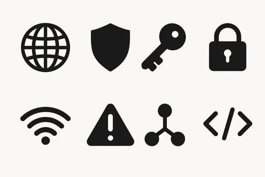 Vector icons: globe, shield, key, lock, wifi, warning, network, code