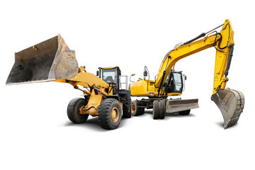 An excavator and a powerful wheel loader stand side by side, showcasing their powerful features against a clean, isolated background, perfect for design work and creative projects.