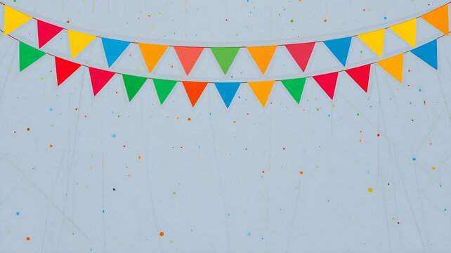Colorful Party Bunting Flags Garland on Light Blue Textured Background with Confetti for Celebration and Festive Invitation Design - Powered by Adobe
