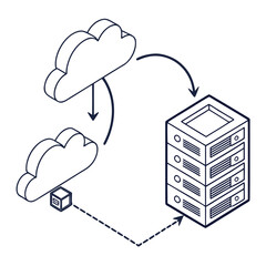Isometric illustration depicting data transfer between clouds and a server, showcasing network communication and data management