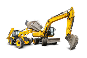 The excavator and loader are positioned in an isolated space, highlighting their design and colors against a clean background, ready for heavy-duty work. © Anoo