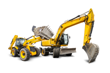 The excavator and loader are positioned in an isolated space, highlighting their design and colors against a clean background, ready for heavy-duty work.