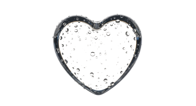 Clear Heart Shape Filled with Bubbles and Water Droplets, cutout, PNG isolated on white or transparent background