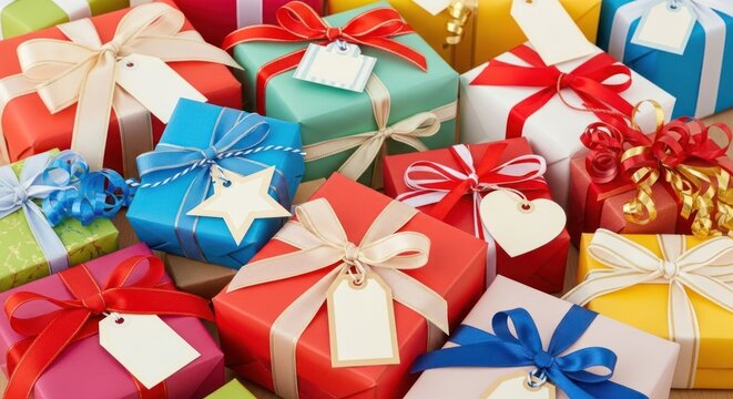 A collection of colorful gift boxes tied with ribbons and tags.