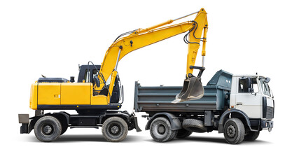 Naklejka premium Heavy machinery stands ready for construction tasks, featuring a bright yellow excavator and a robust gray dump truck against a clear, isolated backdrop.