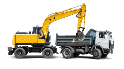 Heavy machinery stands ready for construction tasks, featuring a bright yellow excavator and a robust gray dump truck against a clear, isolated backdrop.