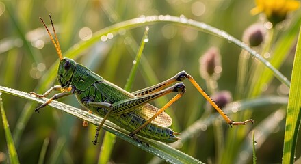 Green Grasshopper Resting on a Dewy Blade of Grass in Morning Sunlight.