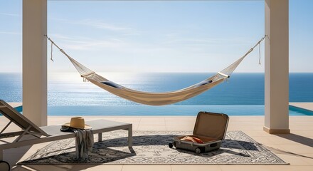 Hammock and lounge area facing blue tropical ocean