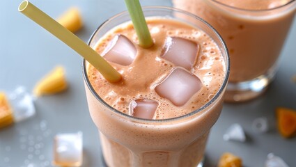 Enjoy refreshing tropical fruit smoothies with ice cubes and eco-friendly straws for a healthy, vibrant lifestyle or delicious summer treat perfect for social media content