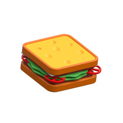 Realistic 3D sandwich with cheese, lettuce, and tomato, modern illustration