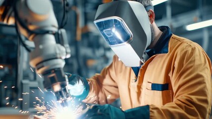 Industrial Worker Using Robotic Arm for Precision Welding in Modern Manufacturing Facility