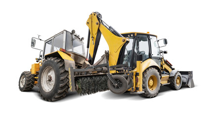 Two pieces of heavy machinery are positioned back-to-back, showcasing a backhoe loader and a street sweeper against a blank backdrop, ideal for design use.