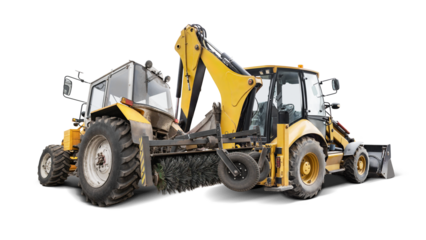 Two pieces of heavy machinery are positioned back-to-back, showcasing a backhoe loader and a street sweeper against a blank backdrop, ideal for design use.