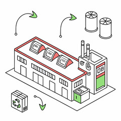 Naklejka premium Isometric view of a factory with recycling symbols perfect for illustrating sustainable manufacturing and ecofriendly practices