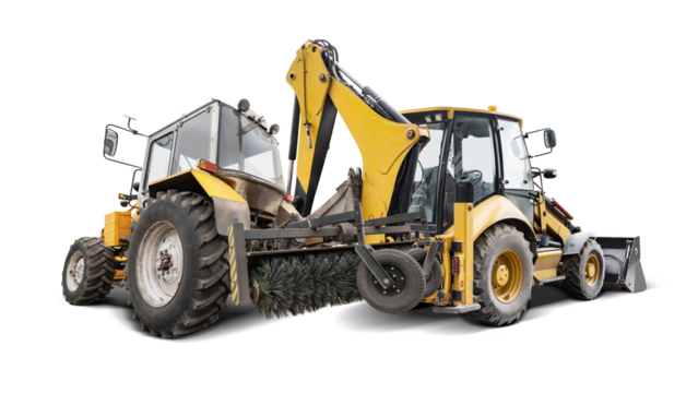 Two pieces of heavy machinery are positioned back-to-back, showcasing a backhoe loader and a street sweeper against a blank backdrop, ideal for design use.