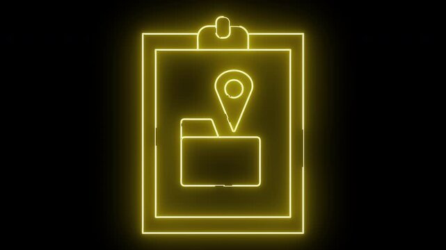 Yellow neon graphic shows clipboard with folder and map pin