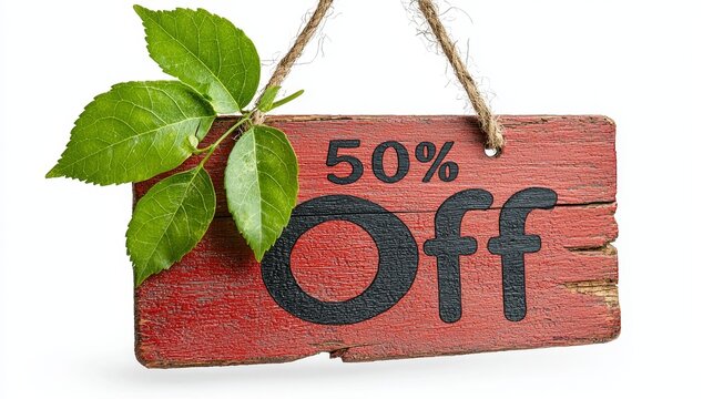 Eco-Friendly Discount Sign: This image features a rustic wooden sign announcing a 50% discount. It's adorned with fresh green leaves, symbolizing sustainability and value.