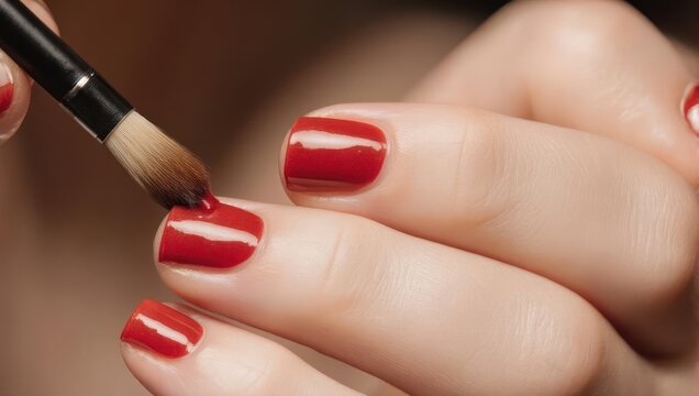 Close up of a womans hand with red nail polish being applied by a brush.