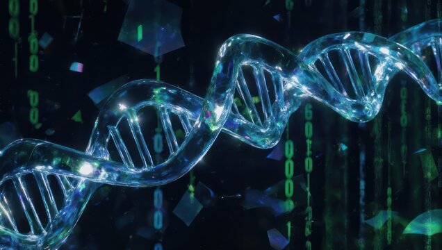 Digital DNA Helix with Binary Code Background.