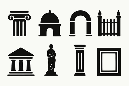 Classical architectural elements: columns, arches, statues, frames, and gates