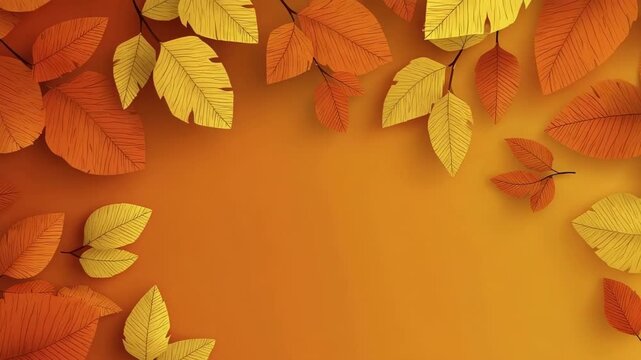 Stylized orange and yellow autumn leaves with dark veins are arranged as a border around a warm orange background