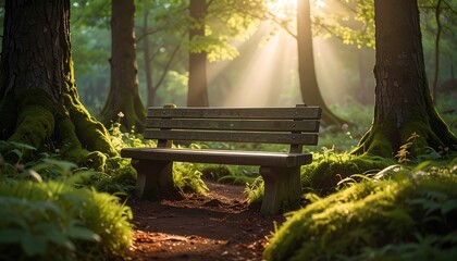 Tranquil scene of a wooden bench nestled in a sun-drenched forest, light beams streaming through tall trees. Mossy ground and lush green foliage surround the scene