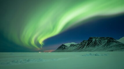 Naklejka premium Northern Lights Aurora Borealis Dancing Over Snowy Mountains At Polar Night